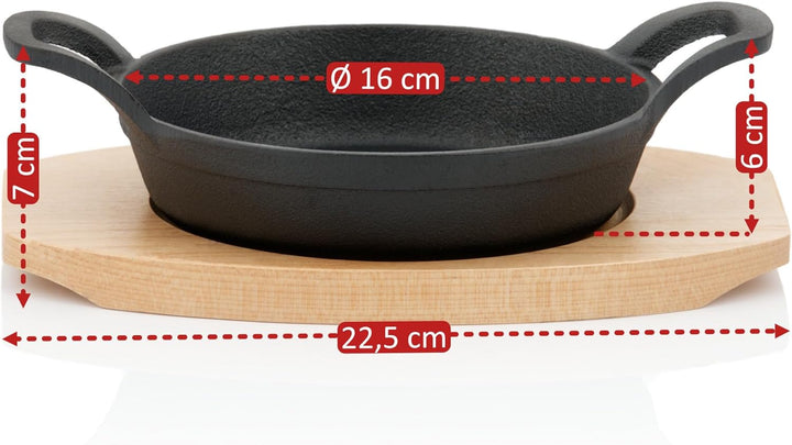 BBQ-Toro Gusseisen Servierpfännchen mit Holzunterlage (6 Stück) | Ø 16 cm | bereits eingebrannt - pr
