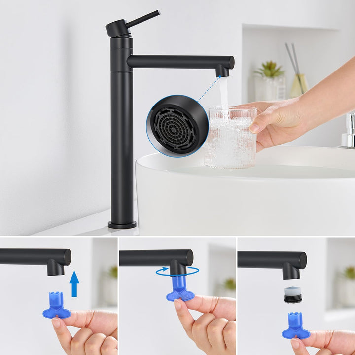 Waschtischarmatur Hoch, Wasserhahn Bad Schwarz Matt für Aufsatzwaschbecken, 360° Schwenkbar Armatur