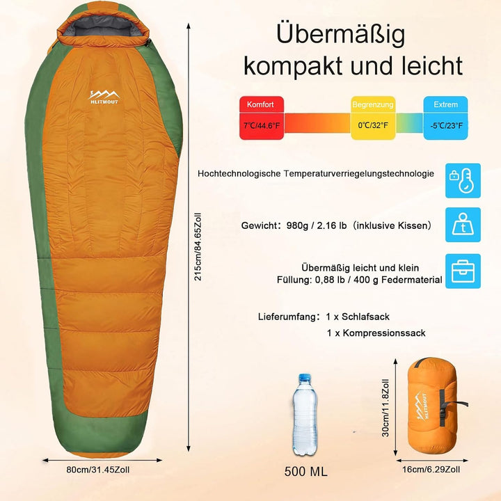 Ultraleicht Daunenschlafsack mit Kissen, Kleiner Leichter Sommer Schlafsack 680FP für Erwachsene und
