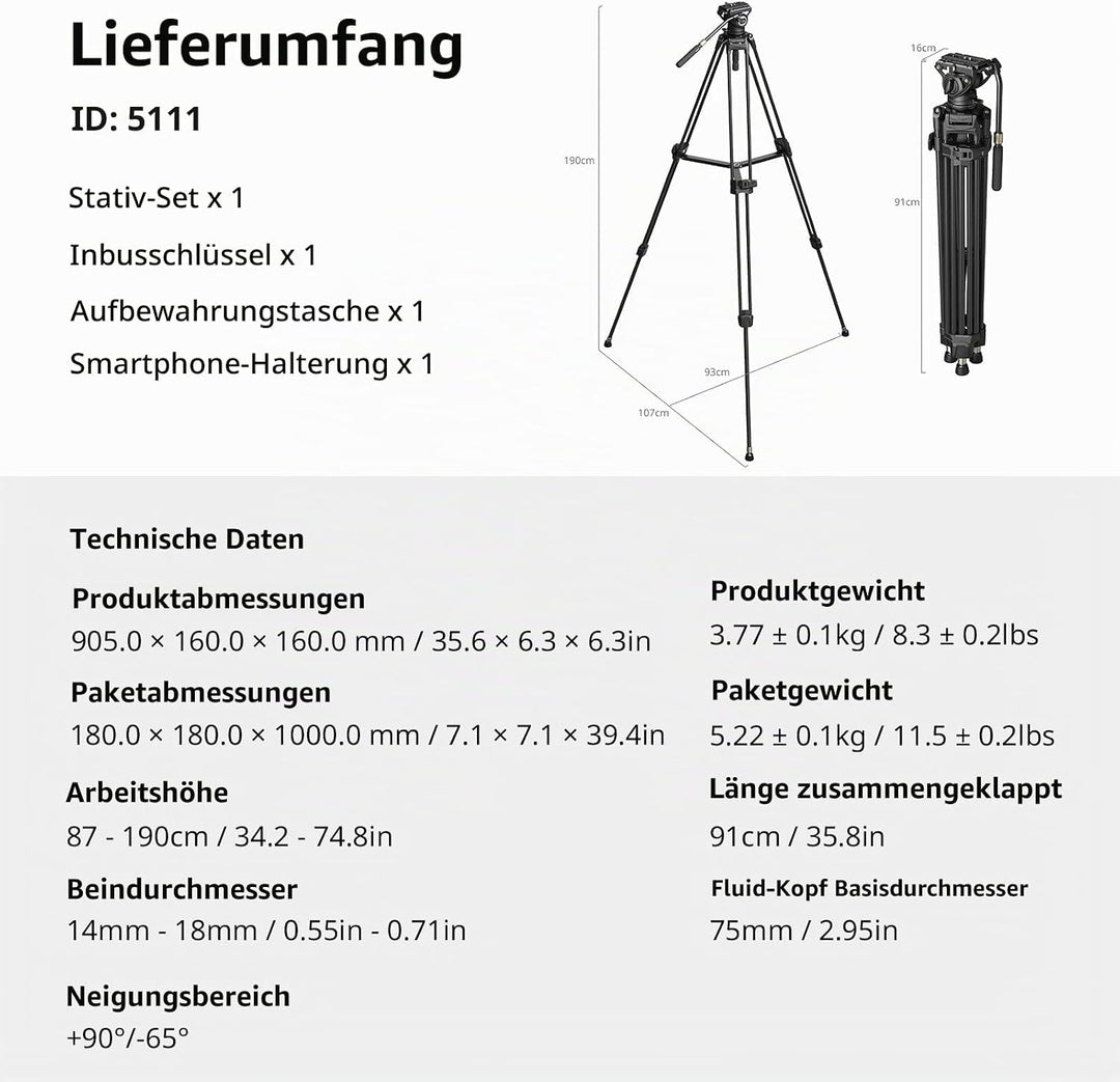 SMALLRIG Heavy-Duty Stativ aus Kohlefaser mit Einstufiger FreeSpeed-Höhenverstellung, 75 Zoll, Fluid