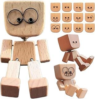 Wobbling Wooden Figures, Small Funny Bobble Head Car Decoration with Magnetic Expressions, Wooden Fi