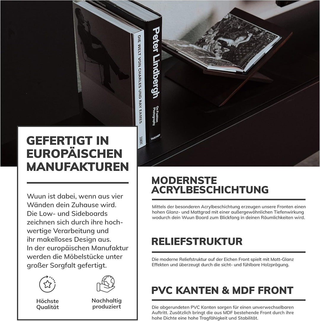 Wuun® TV Lowboard TV Board hängend I 100cm-280cm I Hängeschrank Wohnwand/Somero I Schwarz-Matt/Beton