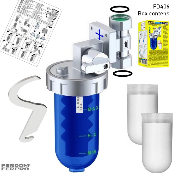 FERDOM Poliphosphatspender Feeder für Wassersysteme gegen Zunder und Korrosion. Ventil & Bypass, Mes