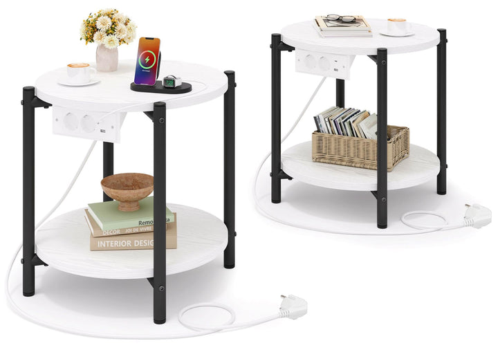 IRONCK Rund Nachttisch 2er Set, Beistelltisch mit Steckdose, USB-C-Anschluss, Kleiner Tisch Holz & M