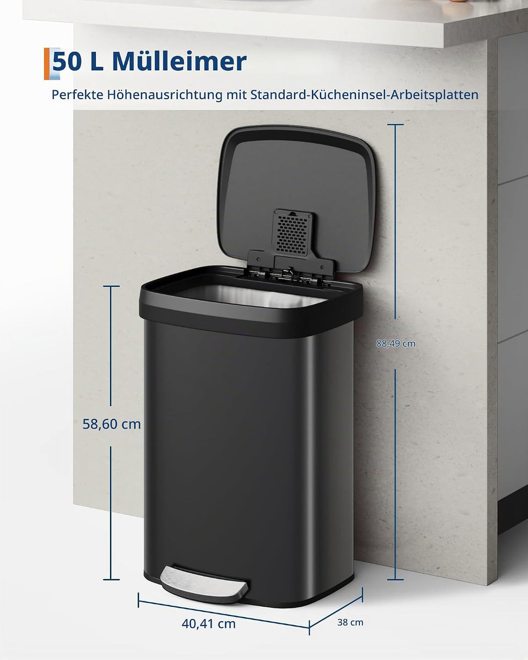 GarveeHome 50L Metall Mülleimer mit Deckel, grosser Tretmülleimer, Mülleimer Küche, rostfrei, mit Be