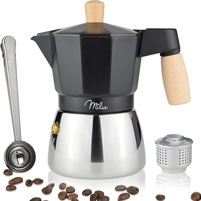 Milu Espressokocher Induktion geeignet | 3, 6, 9 Tassen | Aluminium / Edelstahl Mokkakanne, Espresso