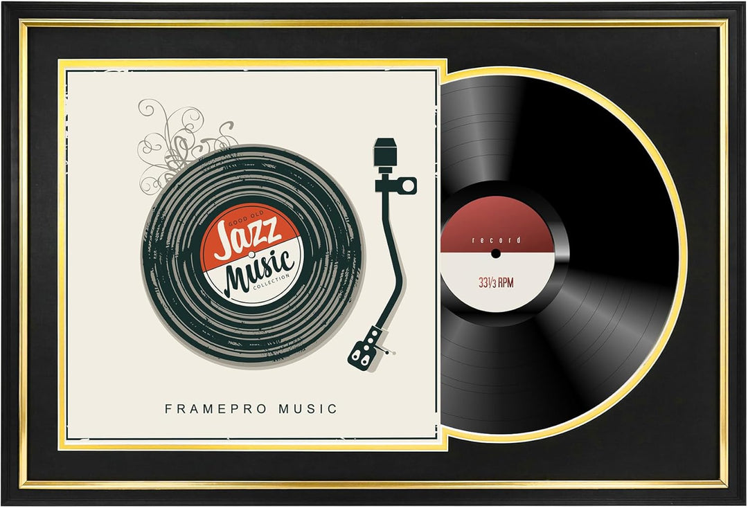 FramePro Schallplattenrahmen mit 2 doppelseitigen Passepartouts (schwarz über gold), Jukebox-Schallp