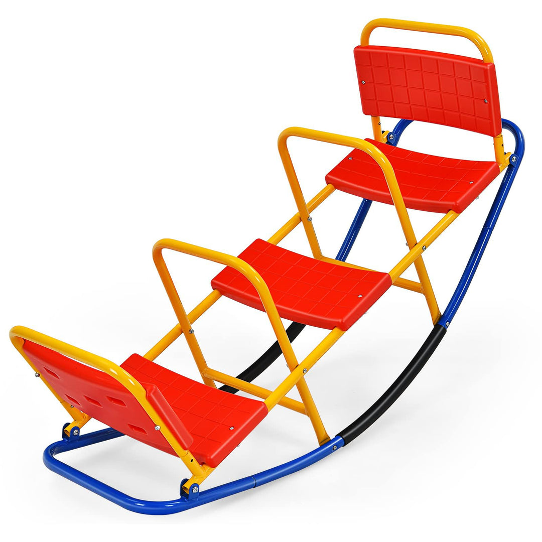 DREAMADE 3 Sitzer Kinder Wippe mit Rückenlehnen und Griffe, Schaukelwippe Metall 136x60x39cm, Karuss