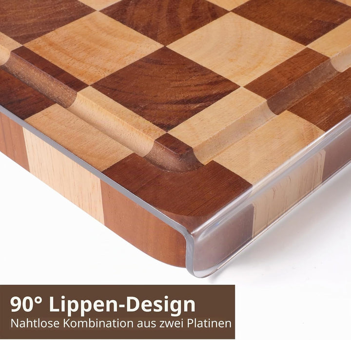 Schneidebrett-Set 2-teilig – Kariertes Holz- &amp; Acryl-Schneidebrett mit Arbeitsplatten-Lippe, Holz-Sc