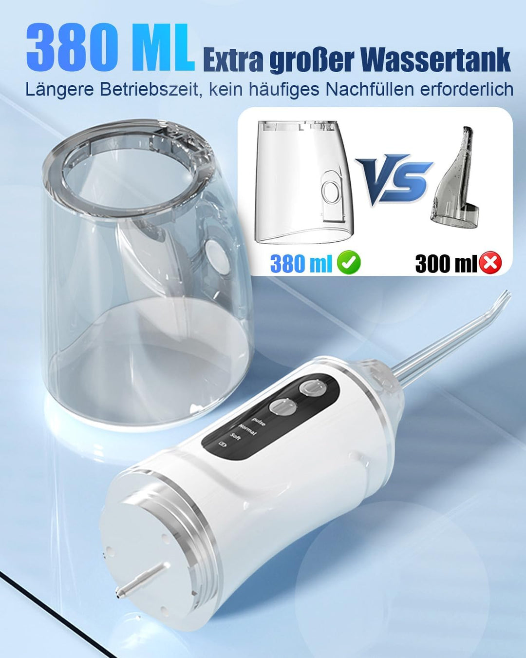 Munddusche Kabellos Tragbar Elektrische Zahnreinigung, 3 Modi Mundduschen Kabellos 380ml Wassertank,