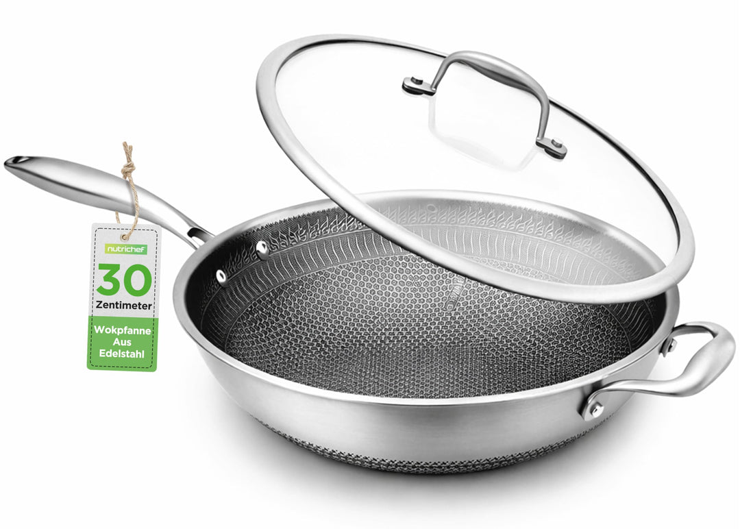 NutriChef Wokpfanne, 30cm Edelstahl Pfanne mit Kratzfester Mesh Beschichtung, Inkl. Glasdeckel, Für
