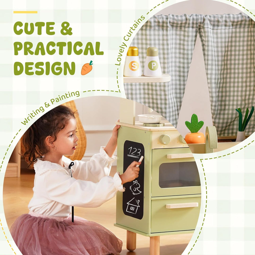 ROBUD Kinderküche aus Holz – Spielküche mit Kühlschrank, Eiswürfelspender, Backofen & Zubehör, Rolle
