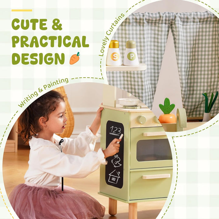 ROBUD Kinderküche aus Holz – Spielküche mit Kühlschrank, Eiswürfelspender, Backofen & Zubehör, Rolle
