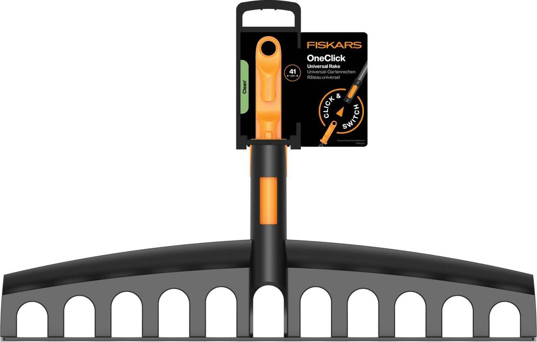 Fiskars OneClick Universalrechen, Rechen-Aufsatz für Gras und Laub, Müheloses Wechseln mit nur einem