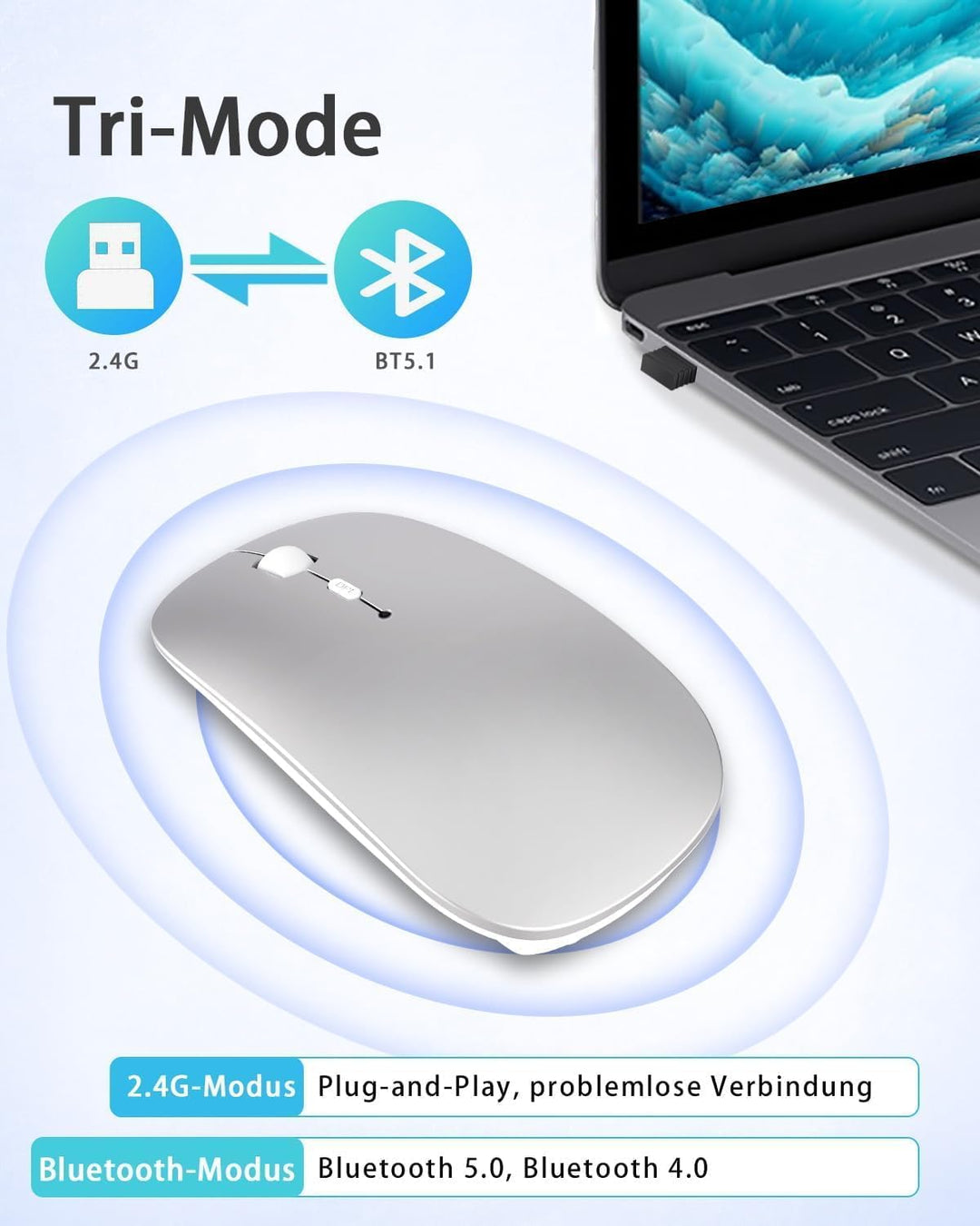 AE WISH ANEWISH Bluetooth Maus with USB-C-Adapter fur Mac/iPad/iPhone/PC/Computer, wiederaufladbar g
