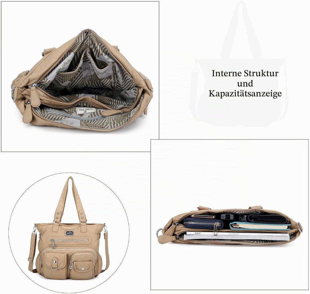 AngelKiss Handtasche Damen Schultertasche Multifunktionale Umhängetaschen Gewaschenes Veganes Leder