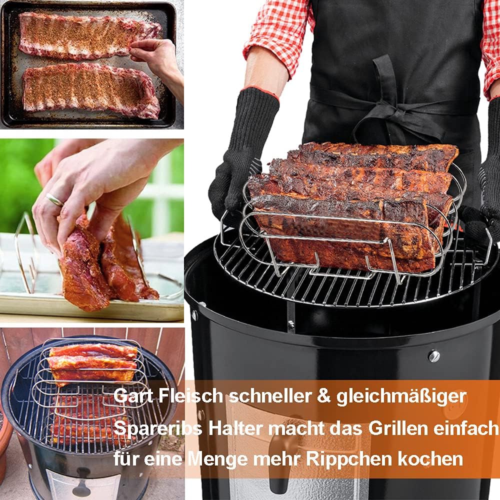 Spareribs Halter Grill – Braten und Rippchenhalter Edelstahl, Aufsatz zur Zubereitung von 5 Sparerib