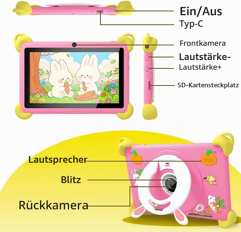 Veidoo 7-Zoll Android Kinder-Tablet, 2+32 GB, Dual-Kameras, stossfeste Hülle, integriertes Hasen-Stä
