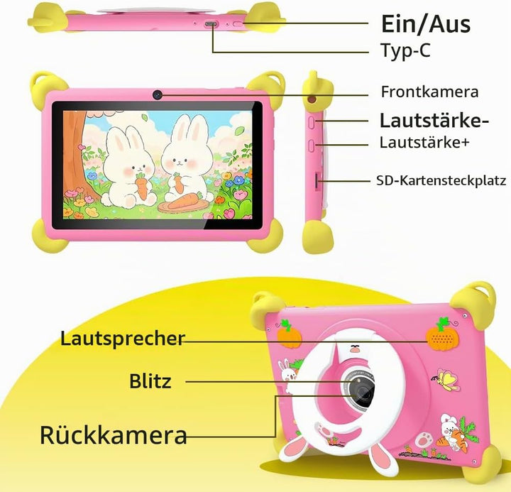 Veidoo 7-Zoll Android Kinder-Tablet, 2+32 GB, Dual-Kameras, stossfeste Hülle, integriertes Hasen-Stä