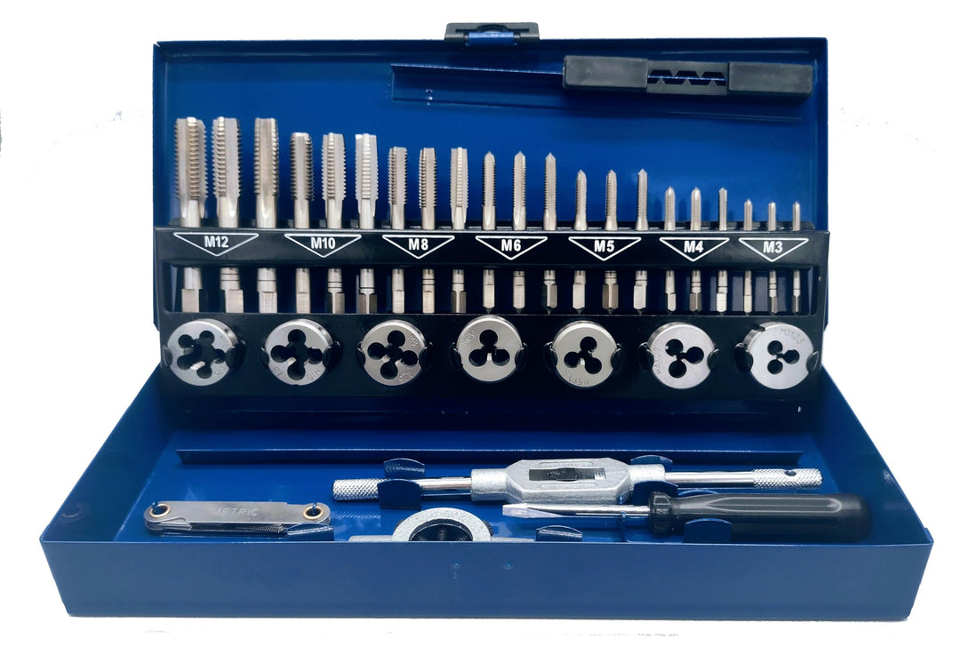 Gewindeschneider Set 32-tlg. | Gewindebohrer HSS M3 - M12 | inkl. Windeisen & Schneideisenhalter & G