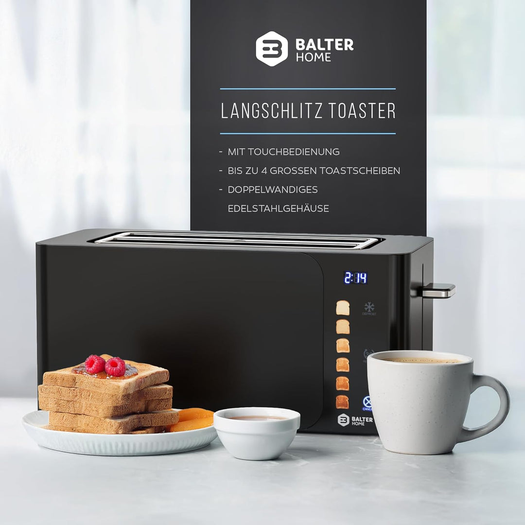 Balter Toaster 4 Scheiben Touch Bedienung, Langschlitz, Edelstahl, Brötchenaufsatz, LCD Display Rest