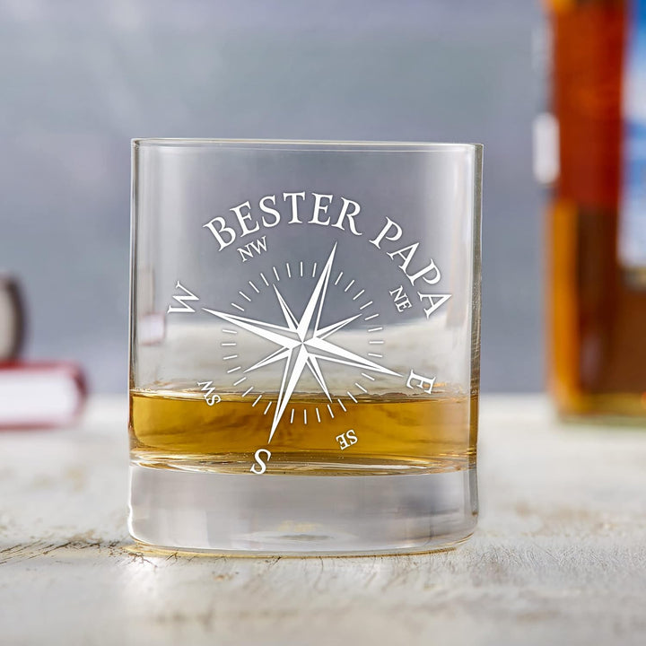 AMAVEL Whiskyglas mit Gravur Kompass, Tumbler Glas Bester Papa, Vatertagsgeschenk, Graviertes Whisky