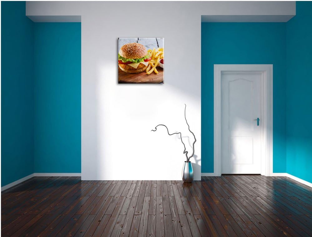Chickenburger mit Pommes, Format: 70x70 auf Leinwand, XXL riesige Bilder fertig gerahmt mit Keilrahm