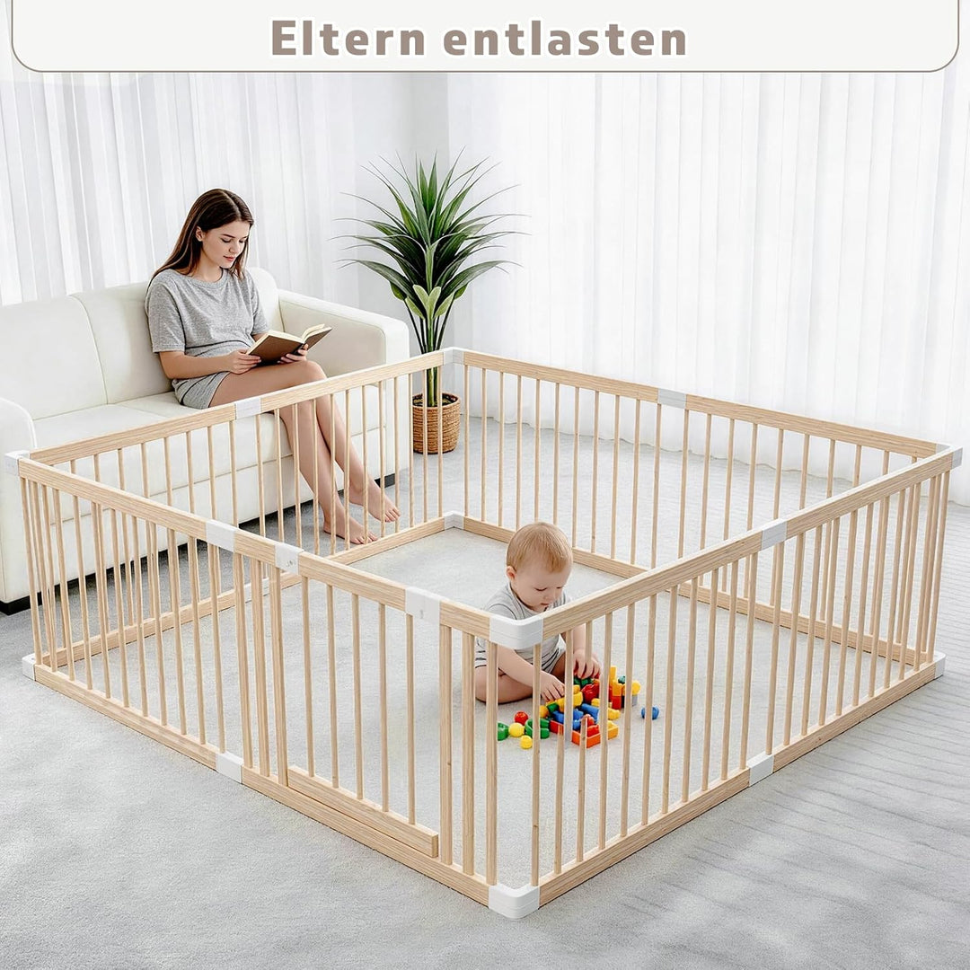 Baby Laufstall aus Holz mit Tür & Sicherheitsverschluss - Robustes Laufgitter zum Zusammenbauen, ind