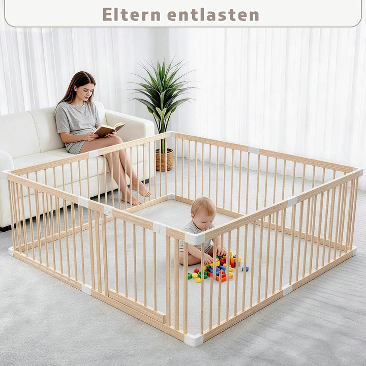 Baby Laufstall aus Holz mit Tür & Sicherheitsverschluss - Robustes Laufgitter zum Zusammenbauen, ind