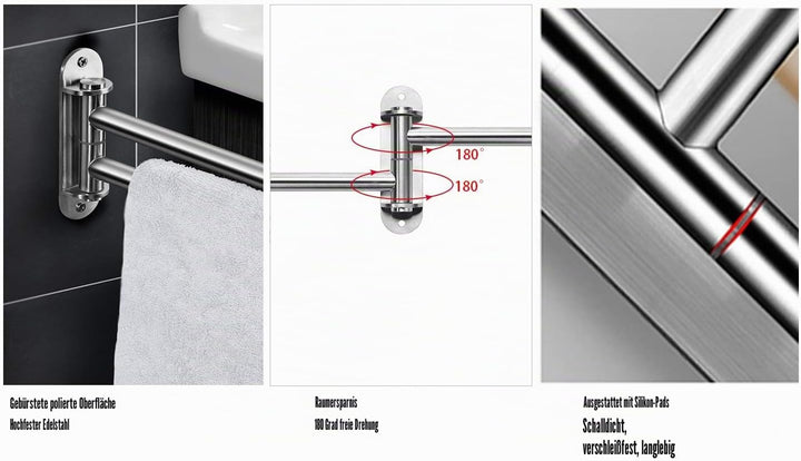 qobobo 180° Drehung Edelstahl Handtuchstange Doppelt Armen Schwenkarm 40 cm Bad V2A Rostfreier Handt