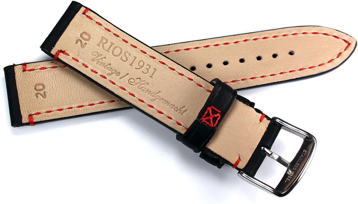 RIOS1931 20mm genuine Vintage Leder Deutsch Pilot robust Uhrenarmband schwarz rote Naht CT