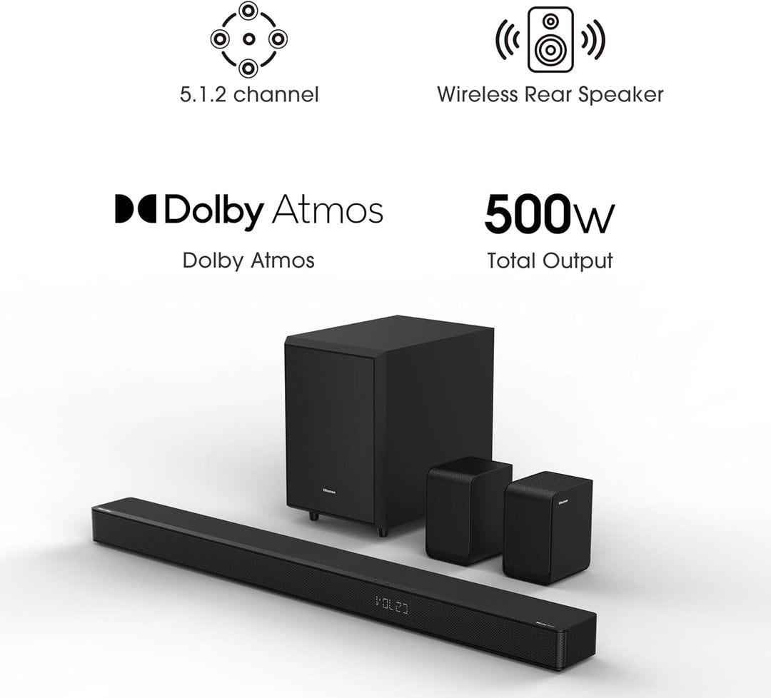 Hisense AX5125H 5.1.2 Soundbar mit kabellosem Subwoofer und Rücklautsprechern, 500W, Dolby Digital P