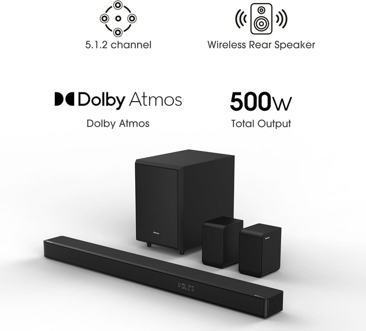 Hisense AX5125H 5.1.2 Soundbar mit kabellosem Subwoofer und Rücklautsprechern, 500W, Dolby Digital P