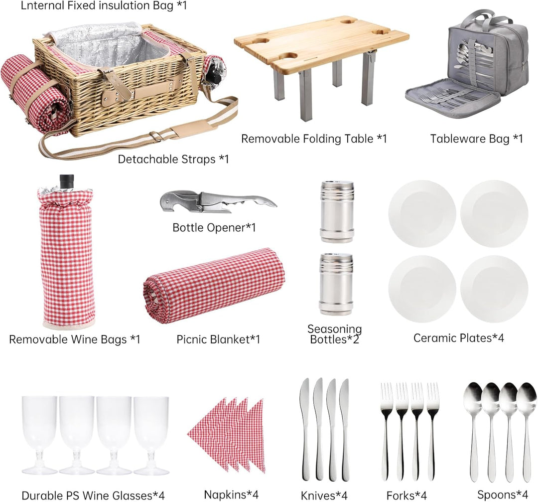 Picknickkorb-Set aus Weide für 4 Personen – mit abnehmbarem Tisch, Bestecktasche, isolierter Kühltas