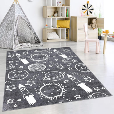 payé Teppich Kinderzimmer Läufer - Grau - 80x150cm - Galaxy Unviersum Weltall Stern Rakete Spieltepp