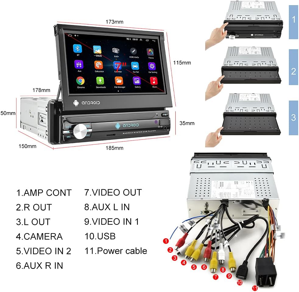 Podofo Autoradio 1 Din mit GPS Navi, Bluetooth RDS, 7 Zoll Bildschirm Ausfahrbarem Manuelle Android