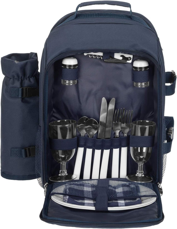 anndora Picknickrucksack mit Kühlfach blau weiss gestreift + Zubehör 15 teilig - 2 Personen Navy Bla