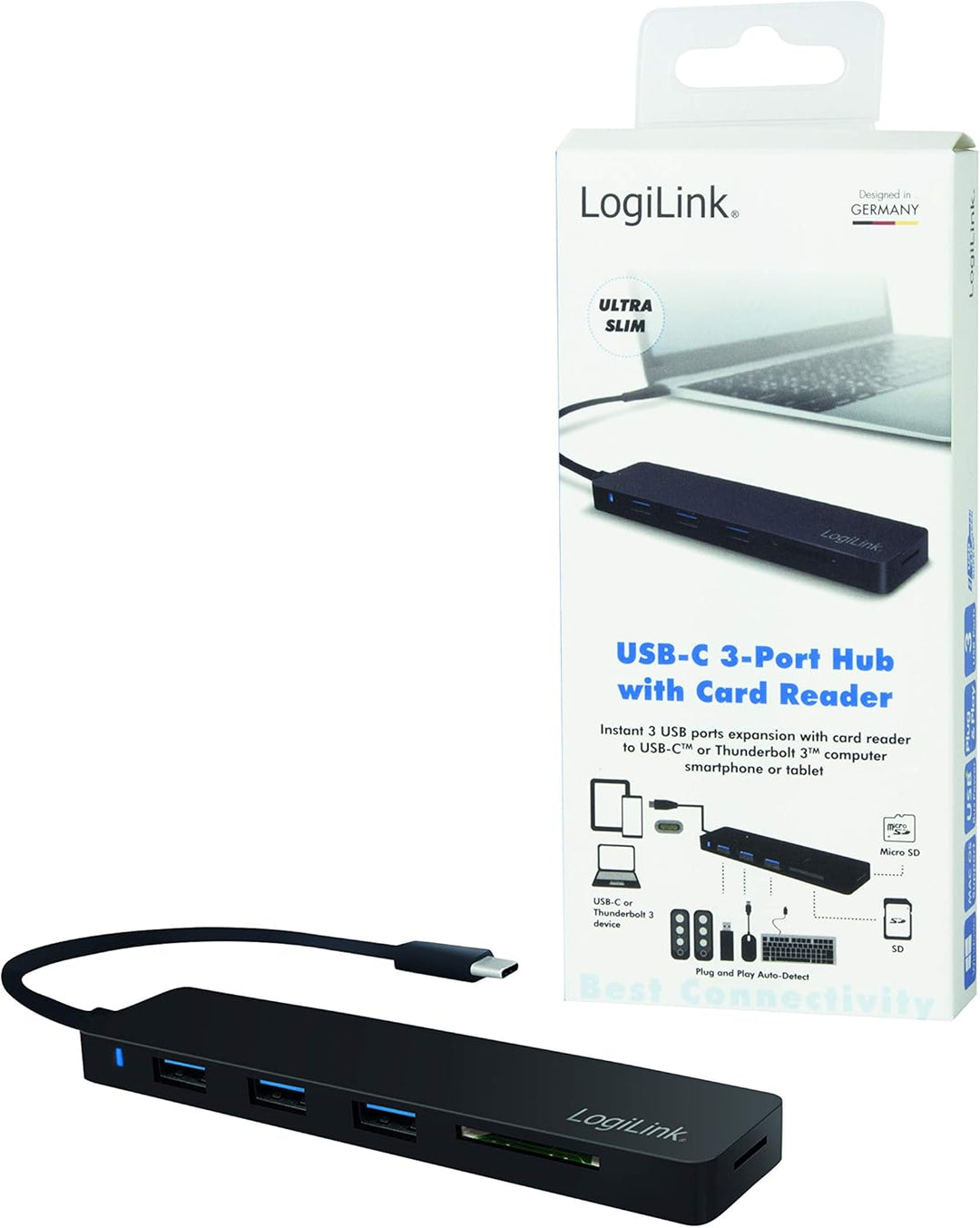 LogiLink UA0312 Slim USB 3.1/3.0 Hub und Cardreader für PC/Laptop Schwarz USB 3.1 3-Port + Cardreade