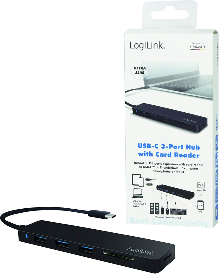 LogiLink UA0312 Slim USB 3.1/3.0 Hub und Cardreader für PC/Laptop Schwarz USB 3.1 3-Port + Cardreade