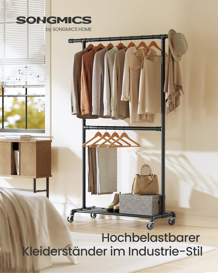 SONGMICS Kleiderständer im Industriedesign, bis 110 kg belastbar, Garderobenständer auf Rollen, 2 Kl
