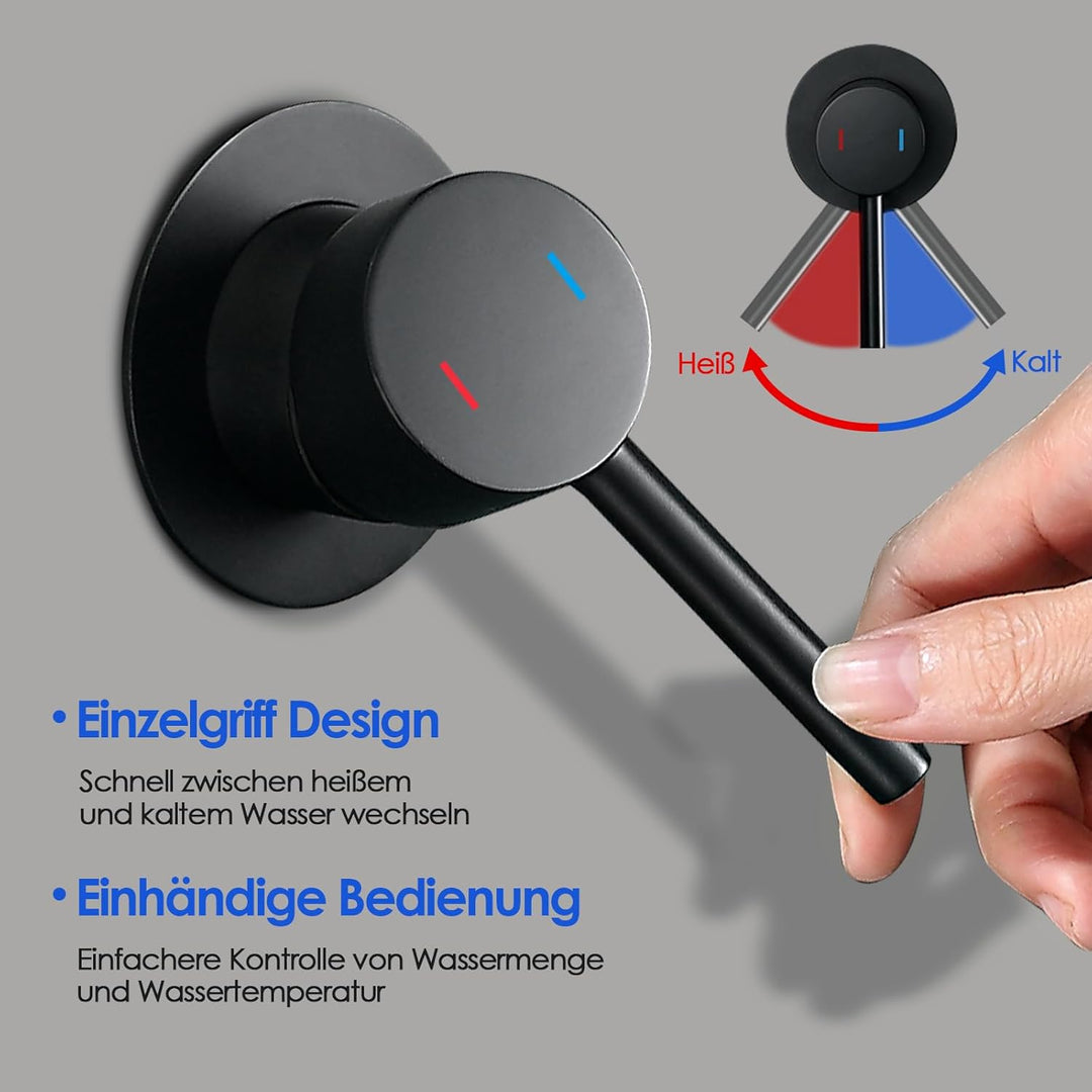 ROVOGO Waschtischarmatur Unterputz Schwarz für Wandmontage, 2-Loch Wasserhahn Bad mit 360° Drehbarem