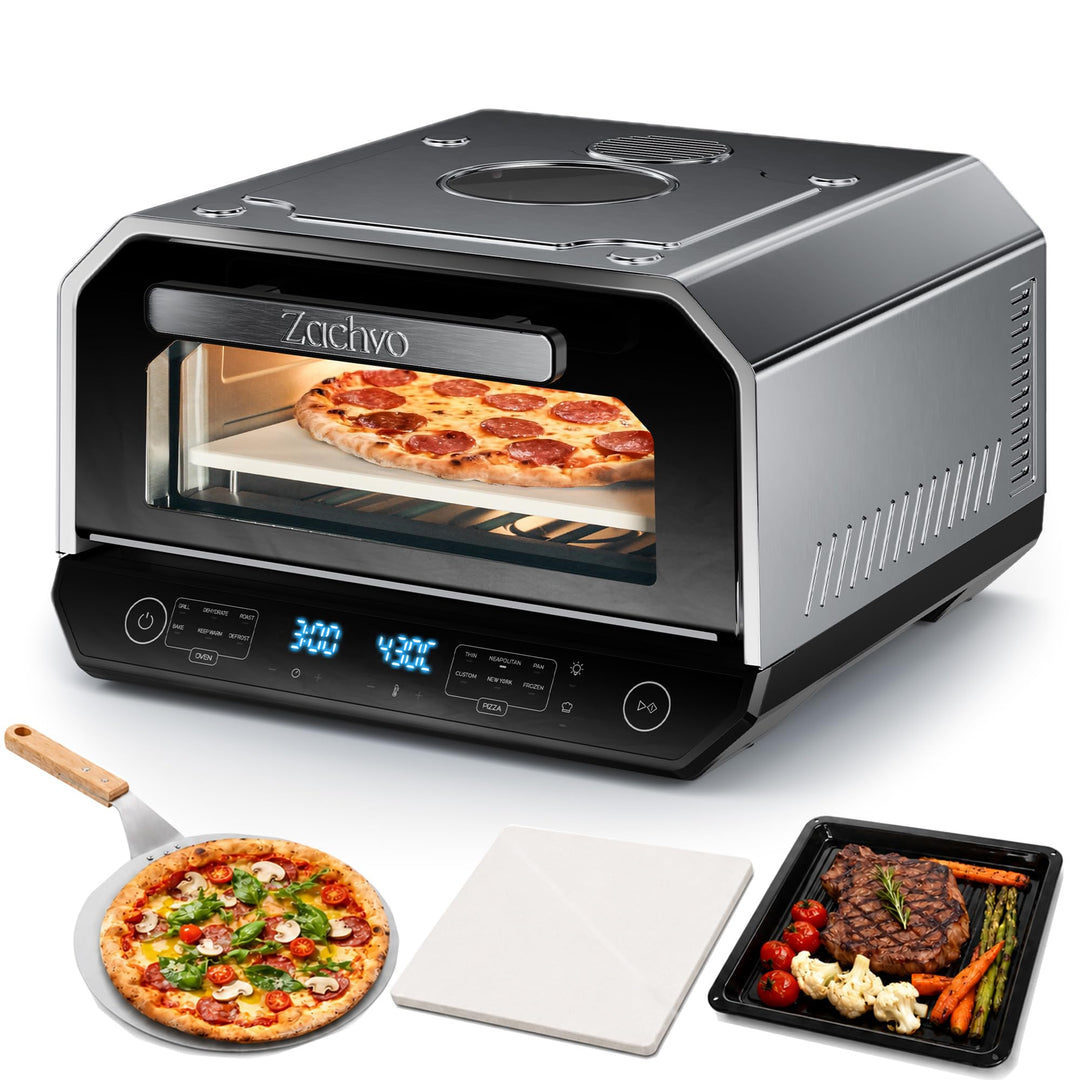 Pizzaofen Elektrisch 450°C – Neapolitanische Pizza in 90 Sek, Sichtfenster &amp; Innenbeleuchtung, 13 Pr