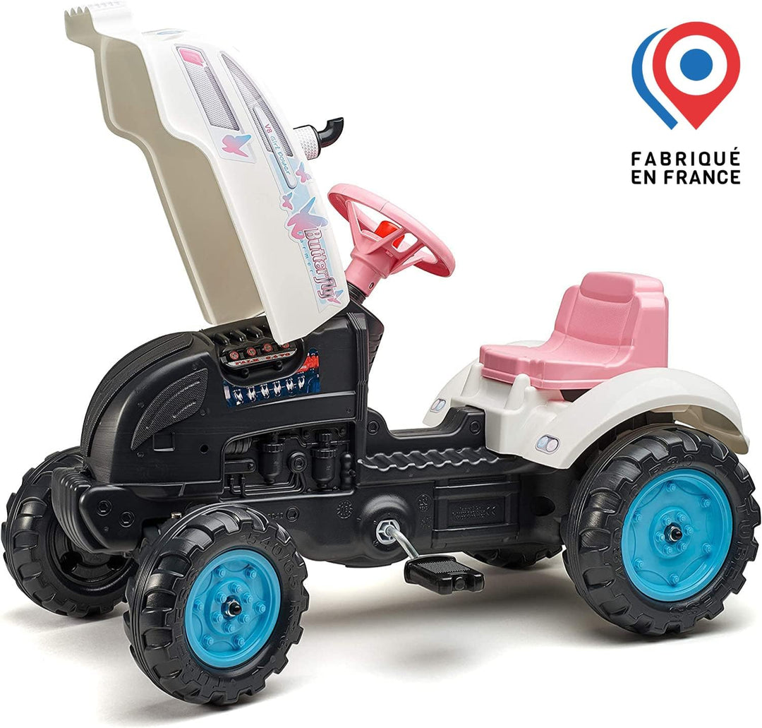 Falk 2042AB Butterfly Farmer Trettraktor mit Klapphaube und Anhänger Traktoren, weiss, Weiss