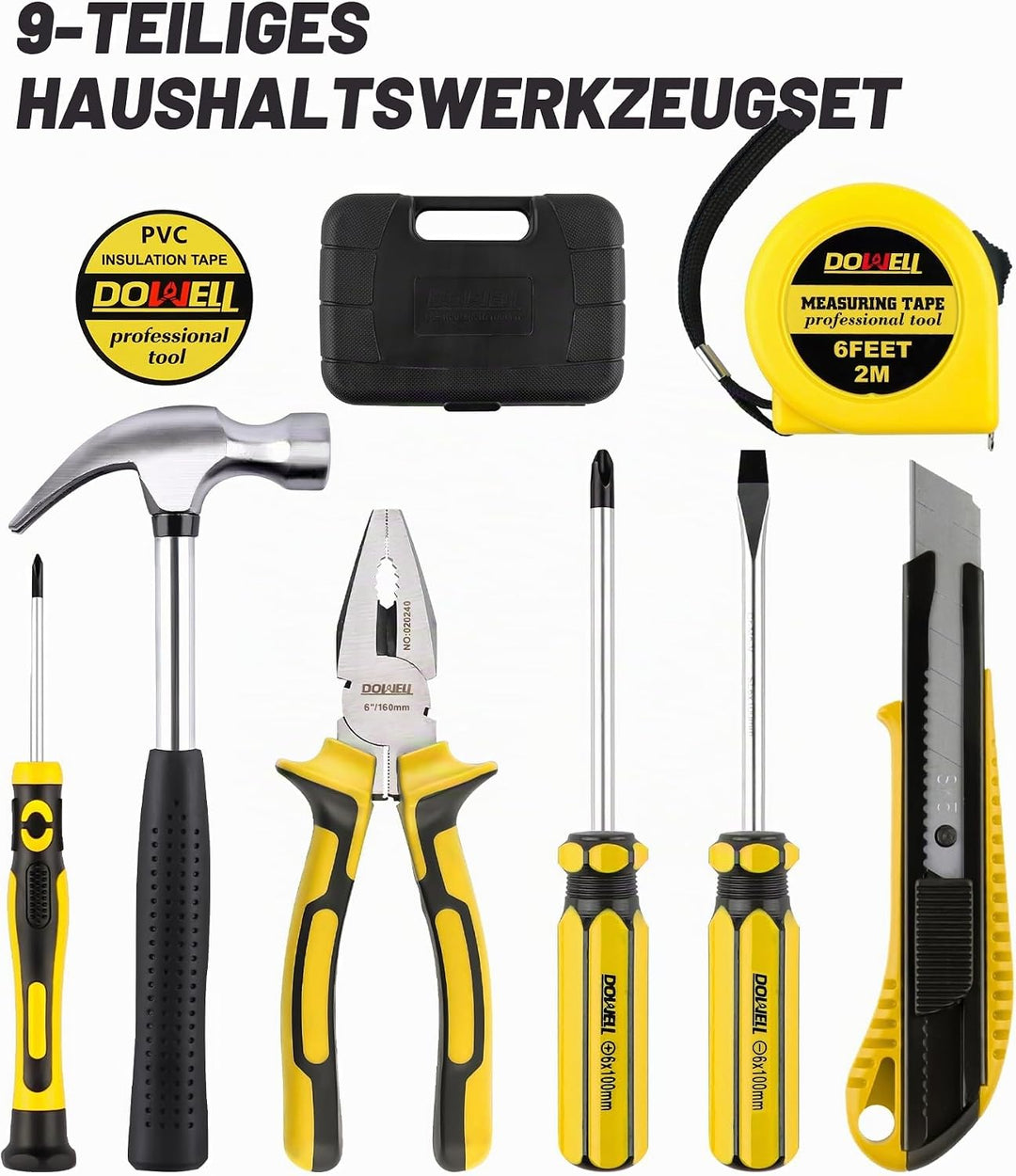 DOWELL Kleines Werkzeugset 9-teilig Hausbesitzer Allgemein Haushalt Kleines Handwerkzeug-Set mit Kun