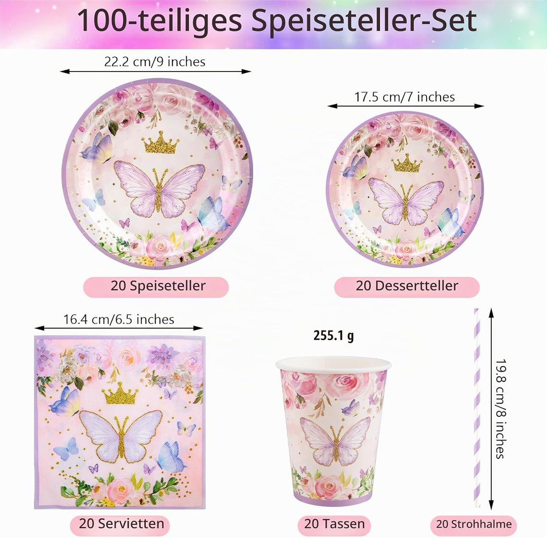Aitsite 100 Stück Rosa Schmetterling Partygeschirr Set, Schmetterling Partyteller Geburtstag für 20