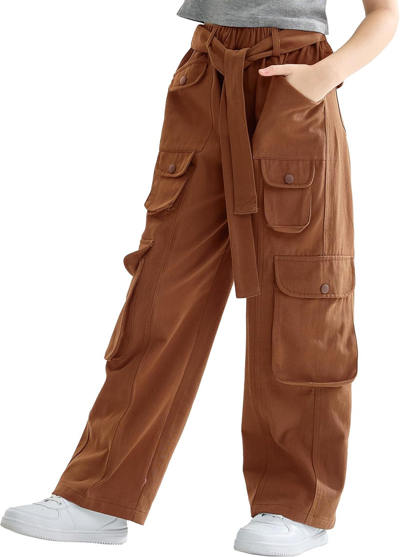 Rolanko Mädchen Baggy Cargo Hose, Elastisch Hohe Taille Gerade Weites Bein Streetwear Hose mit Mehre