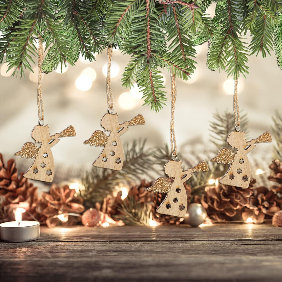 Holzanhänger Engel mit Trompete 5 cm – 24 Stück Weihnachtsdeko Natur Braun mit Glitzerflügeln, Weihn