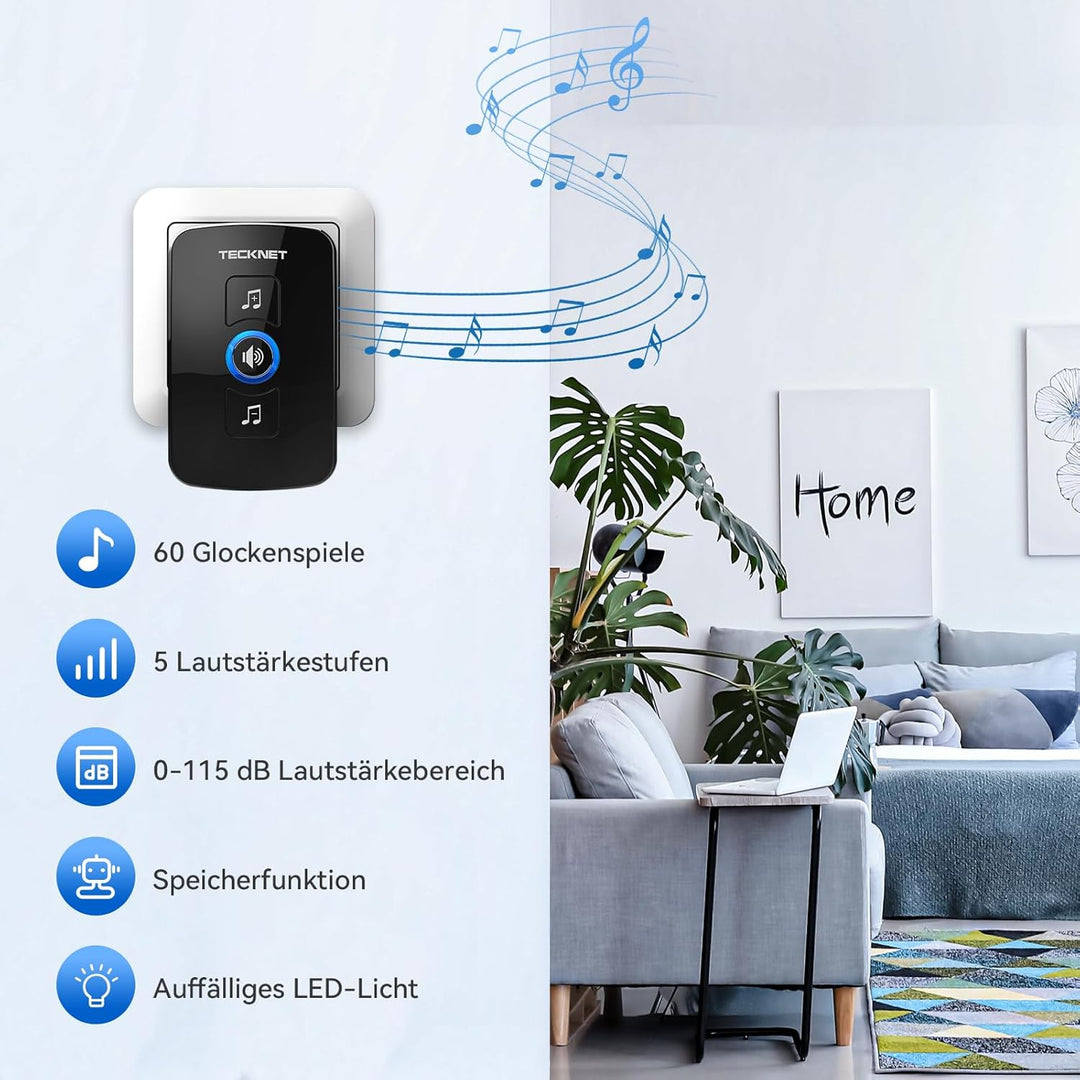 TECKNET Funkklingel, IP65 wasserdichte aussere Funkklingel mit 400 m Reichweite, Funk-Türklingel-Set