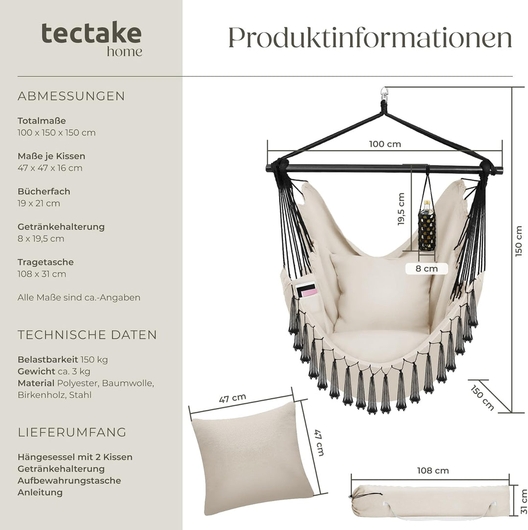 tectake® Hängesessel Outdoor wetterfest oder Indoor mit Tabletfach und Getränkehalterung, Makramee S