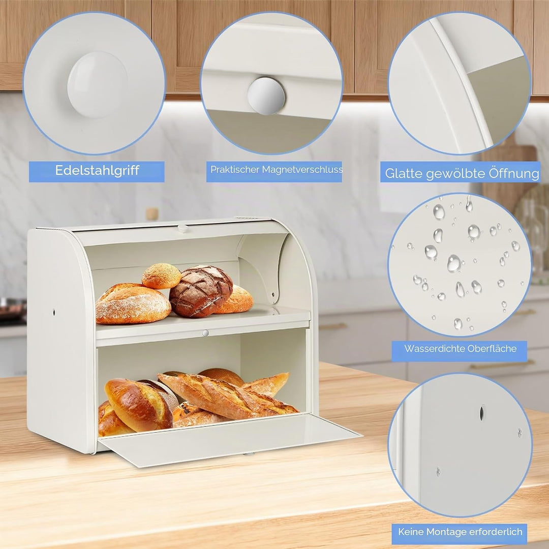 Edelstahl Brotkasten 2 Etagen mit Rolltop Deckel, extragrosser Brotbox Schwarz, Metall Brotbehälter